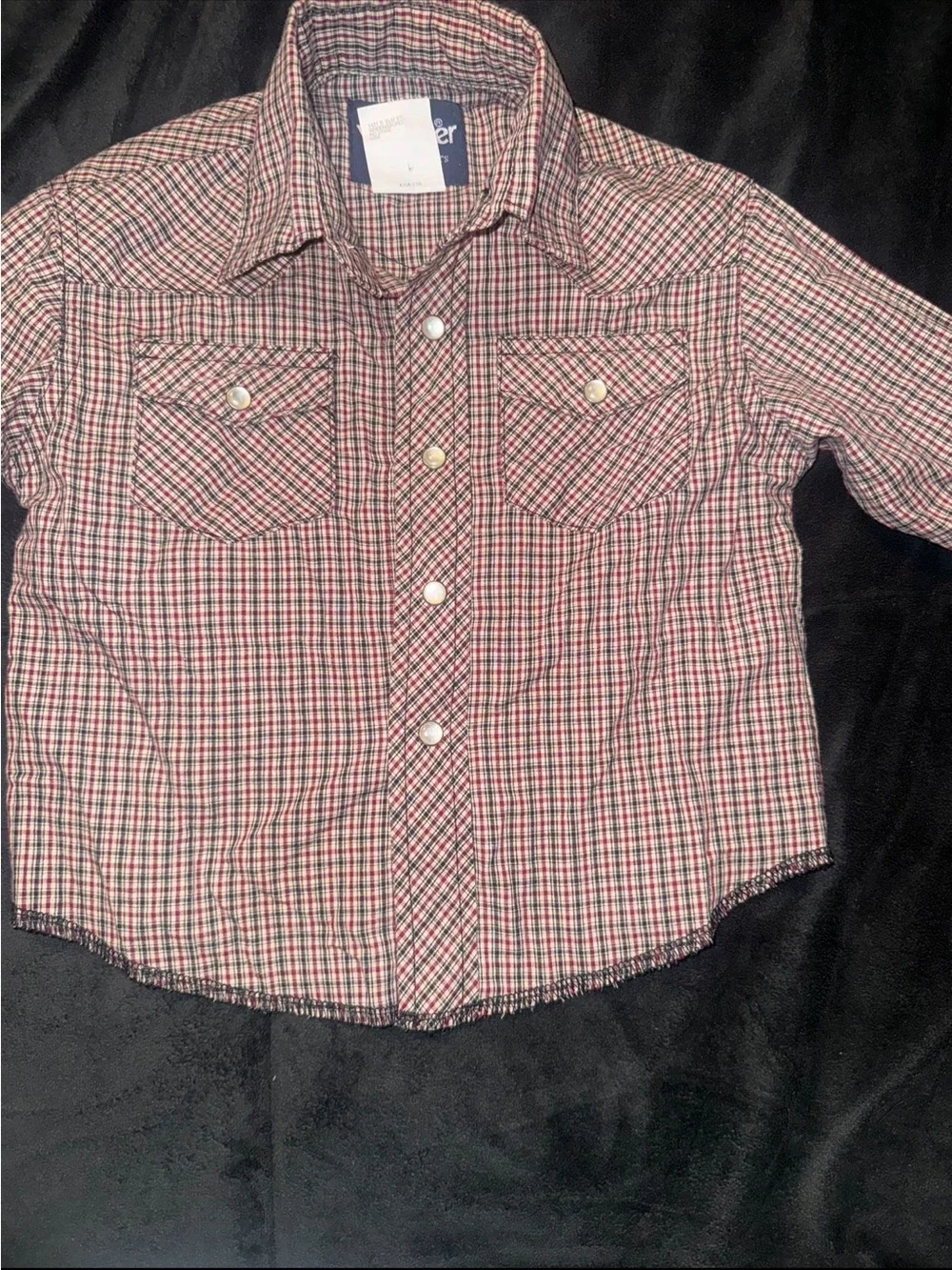 Wrangler Boys XXS 0-2 Western Plaid Pearl Snap Shirt Red Black Cowboy